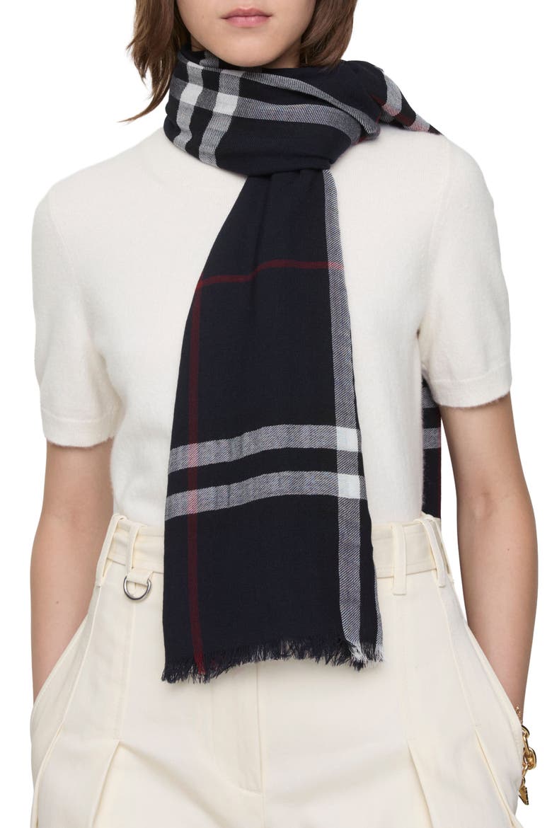 Giant Check Lightweight Wool Scarf, Alternate, color, INK BLUE