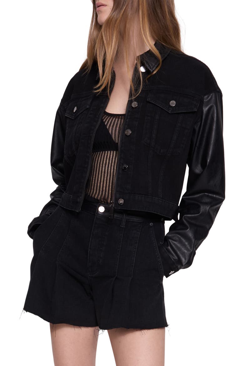 Poppy Crop Denim & Leather Jacket, Alternate, color, CARBON WASH