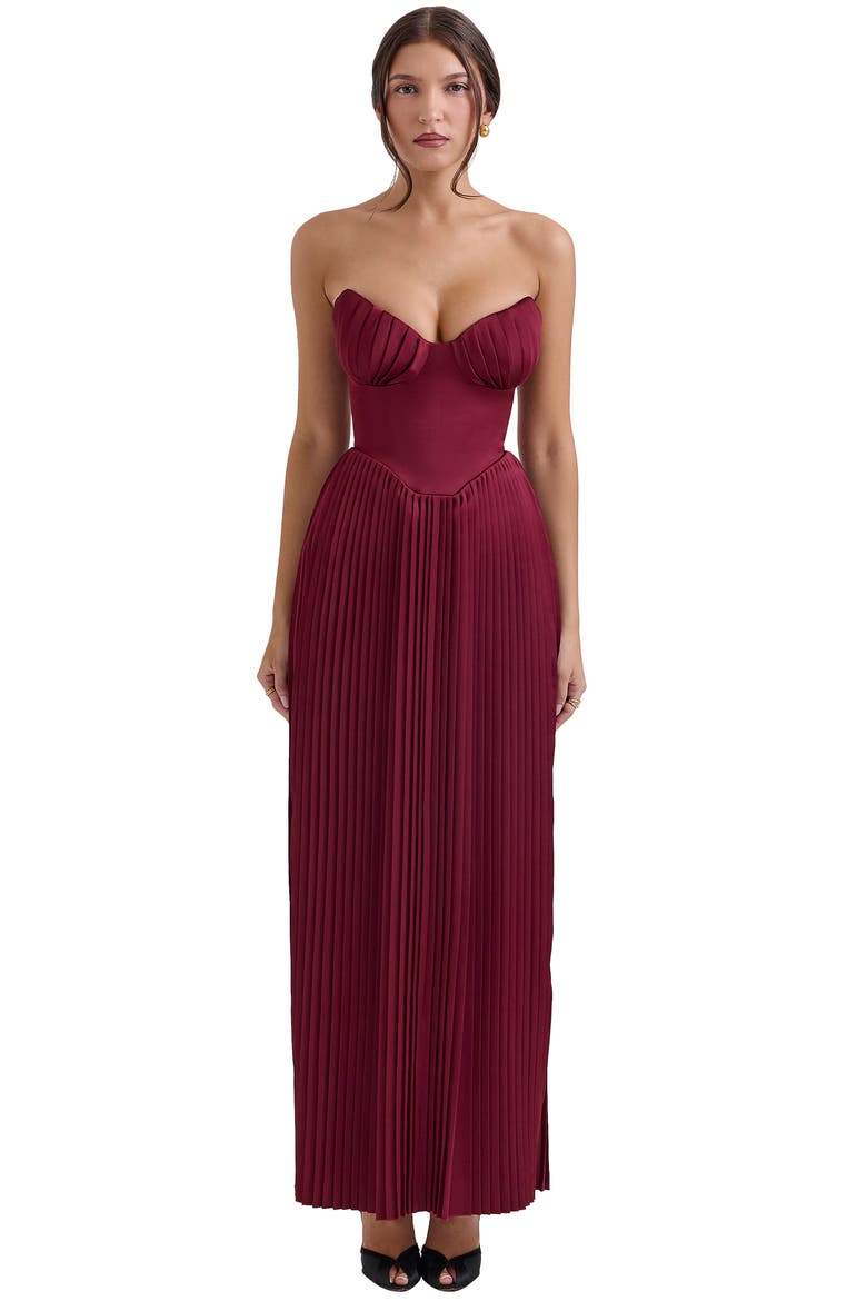 Marcella Strapless Pleated Georgette Gown, Alternate, color, CABERNET