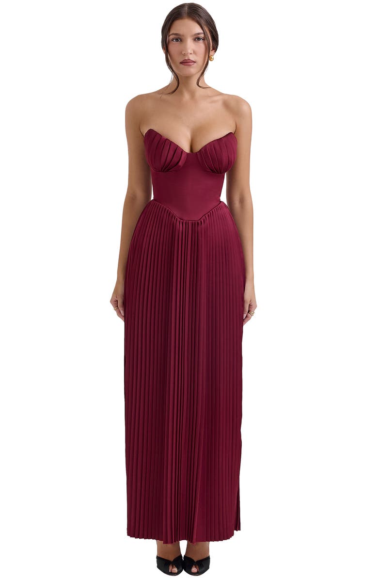 HOUSE OF CB Marcella Strapless Pleated Georgette Gown, Alternate, color, Cabernet
