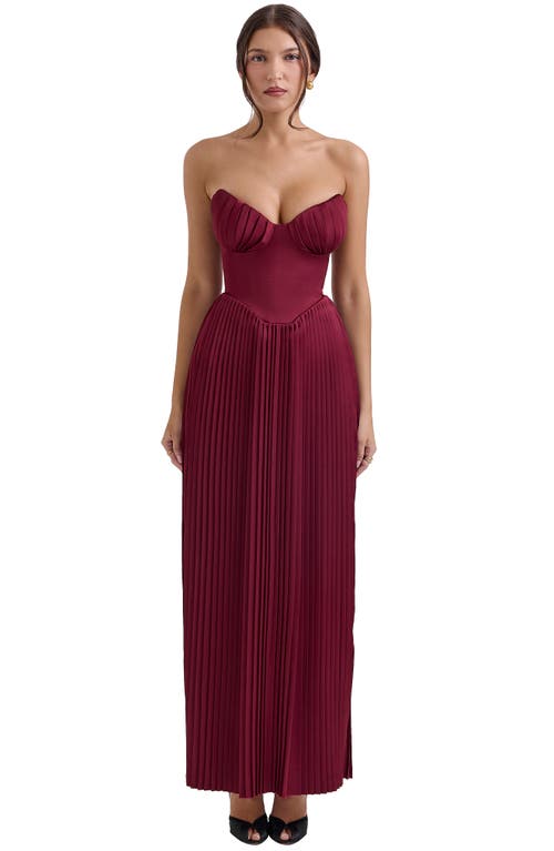 House Of Cb Marcella Strapless Pleated Georgette Gown In Cabernet