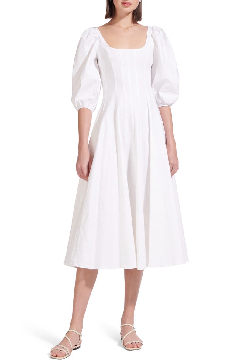 STAUD Swells Stretch Linen & Cotton Dress, Main, color, 