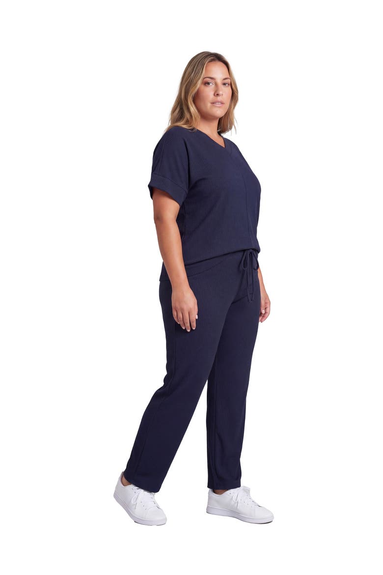 Curvy Basic Ribbed Knit Dolman Sleeve V-Neck Top and Drawstring Wide Leg Pant Set, Alternate, color, Navy