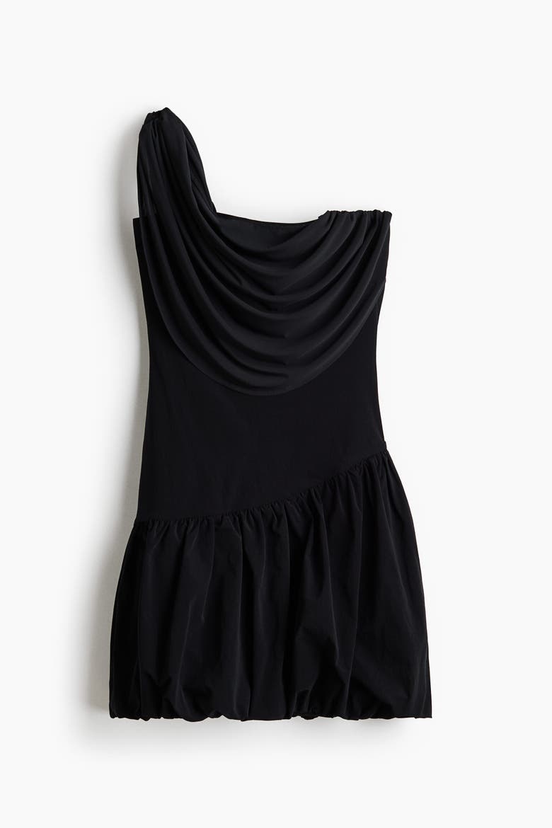 Draped One-shoulder Dress, Alternate, color, Black