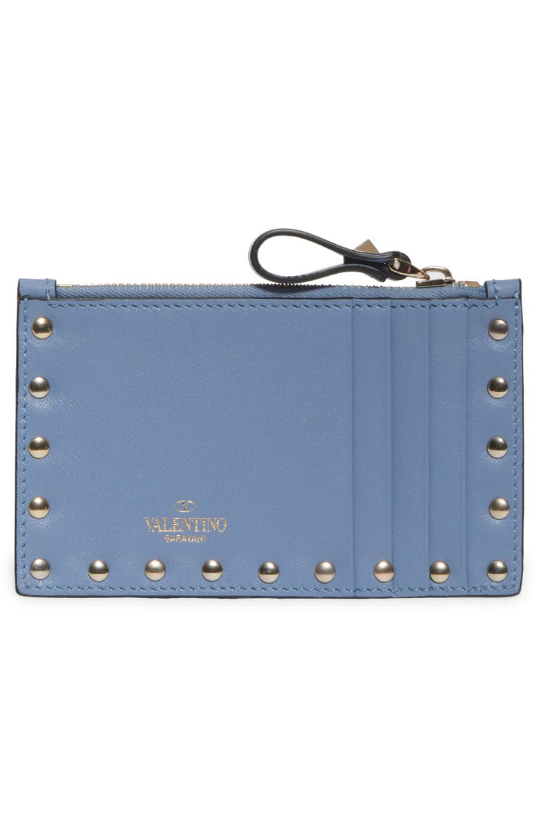 Valentino Garavani Rockstud Zip Leather Card Case, Alternate, color,