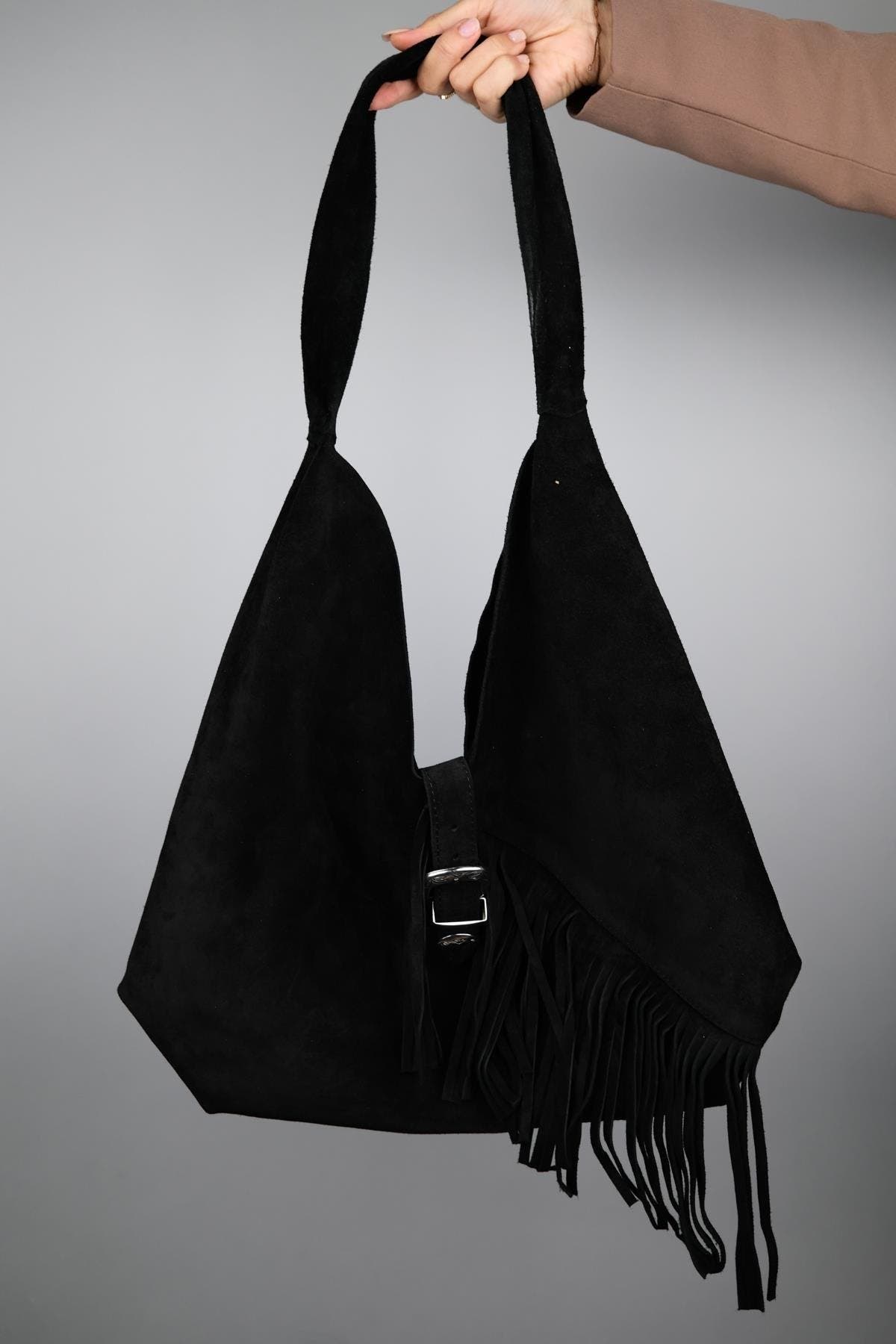 Forever & Always Shoes Rosalin Leather Tassel Shoulder Bag, Main, color, Black Suede