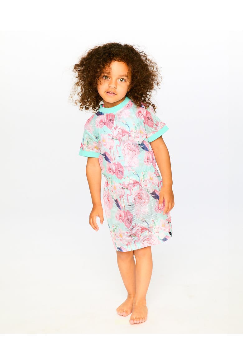 Mesh Short Sleeves Elastic Waist Flamingo Beach Dress, Alternate, color, Blue Flamingo Print