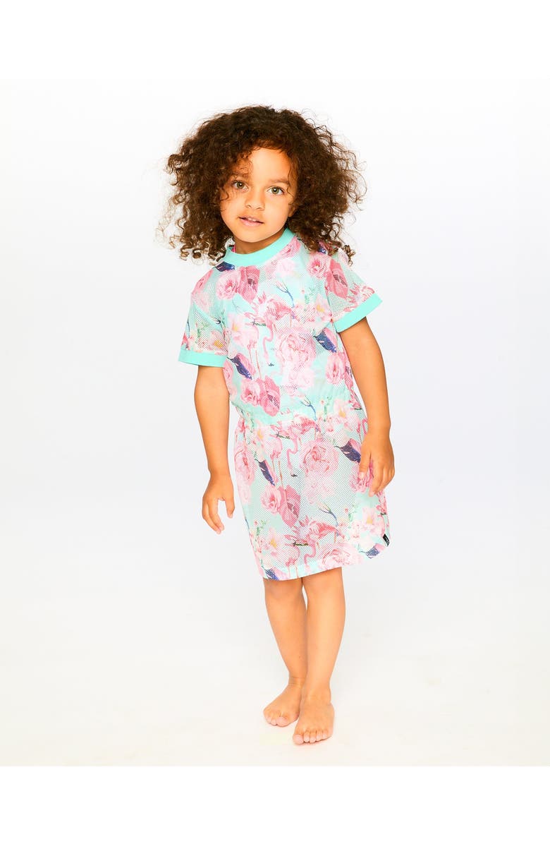 Deux par Deux Mesh Short Sleeves Elastic Waist Flamingo Beach Dress, Alternate, color, Blue Flamingo Print