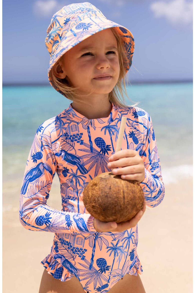 Kids' Tropicana Vacay Long Sleeve One-Piece Rasguard Swimsuit, Alternate, color, ORANGE / BLUE