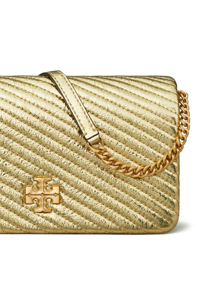 Tory Burch Kira Quilted Metallic Leather Wallet on a Chain, Alternate, color, Gold