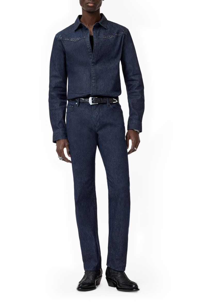 Studded Western Denim Snap-Up Shirt, Alternate, color, LAKE BLUE