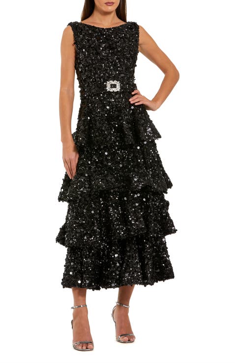Sleeveless Sequin Ruffle Midi Dress With Belt