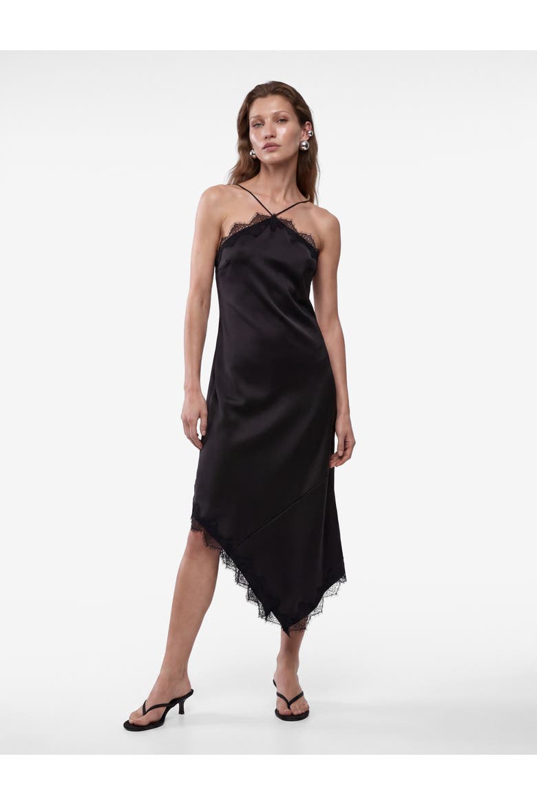 Asymmetric Lace Trim Satin Slip Dress, Main, color, BLACK