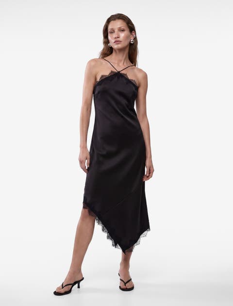 Asymmetric Lace Trim Satin Slip Dress