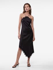 Koton Asymmetric Lace Trim Satin Slip Dress