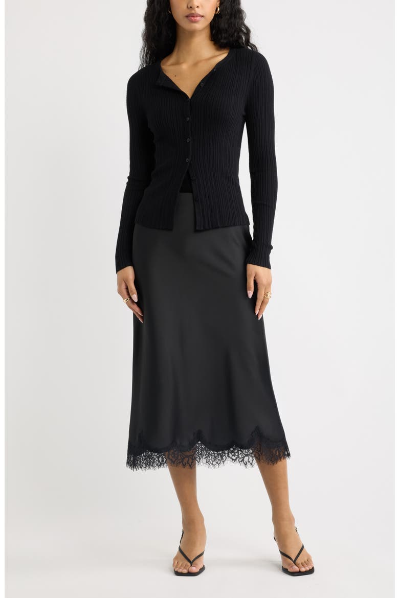 Lace Trim Satin Midi Skirt, Alternate, color, BLACK