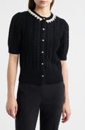 Elie Tahari Ella Embellished Neck Short Sleeve Cable Cardigan