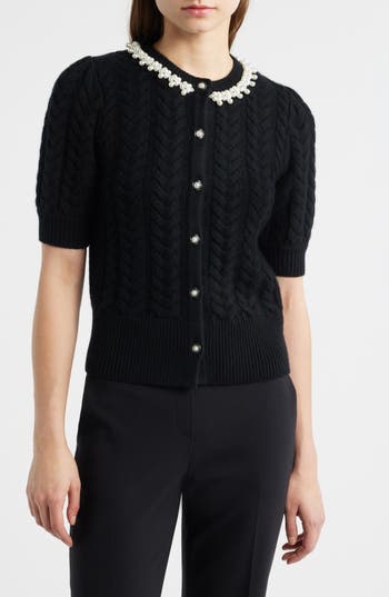 Elie Tahari Ella Embellished Neck Short Sleeve Cable Cardigan In Noir