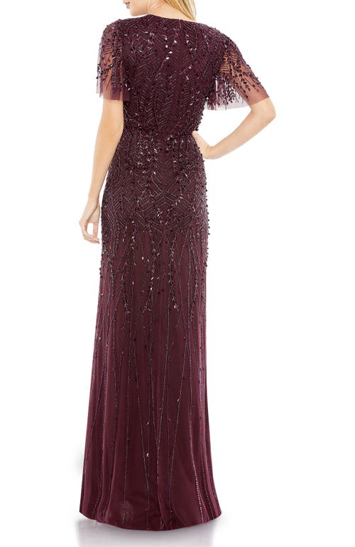 Mac Duggal Beaded Leaves Butterfly Sleeve Gown In Aubergine