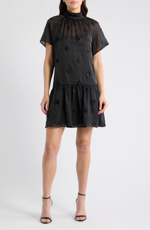 Floral-Embroidered Mock-Neck Minidress
