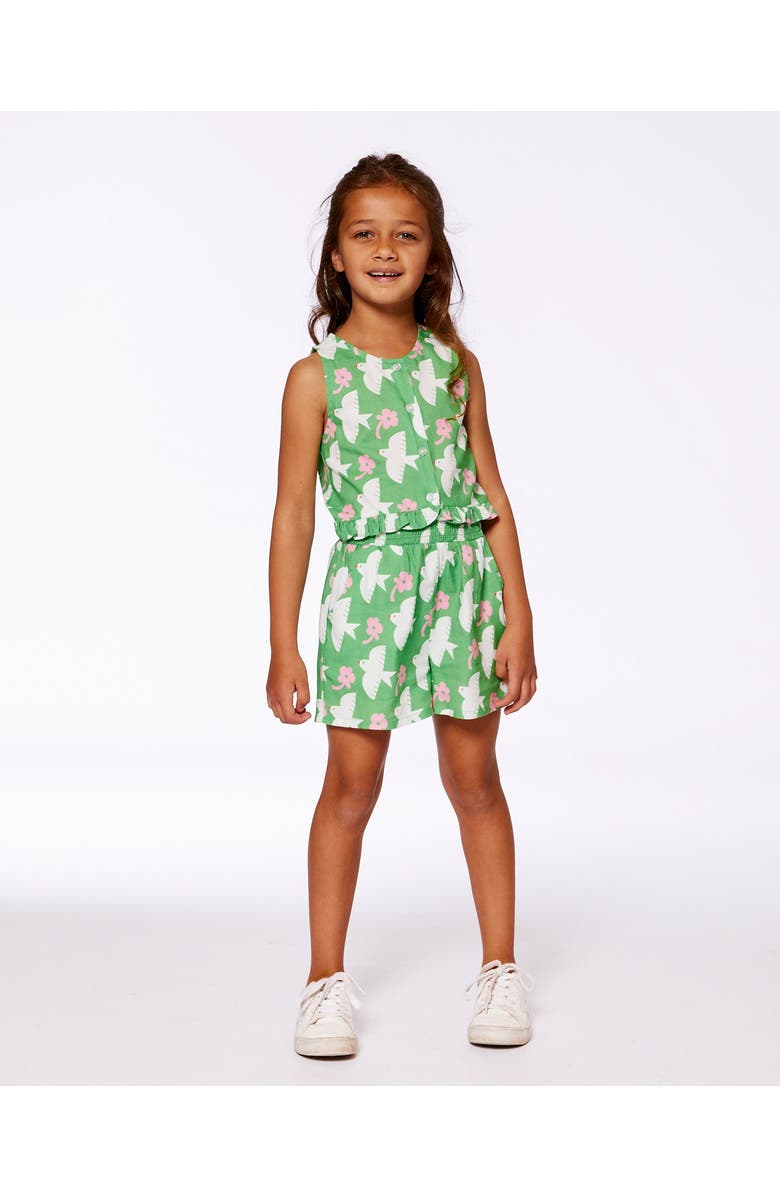 Deux par Deux Girl's Printed Romper With Frills Green With White And Pink Bird, Alternate, color,