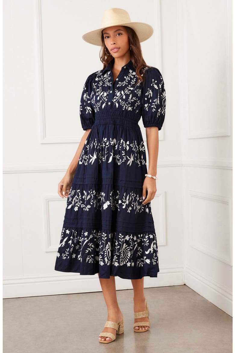 Embroidered Puff Sleeve Tiered Midi Dress, Alternate, color, NAVY