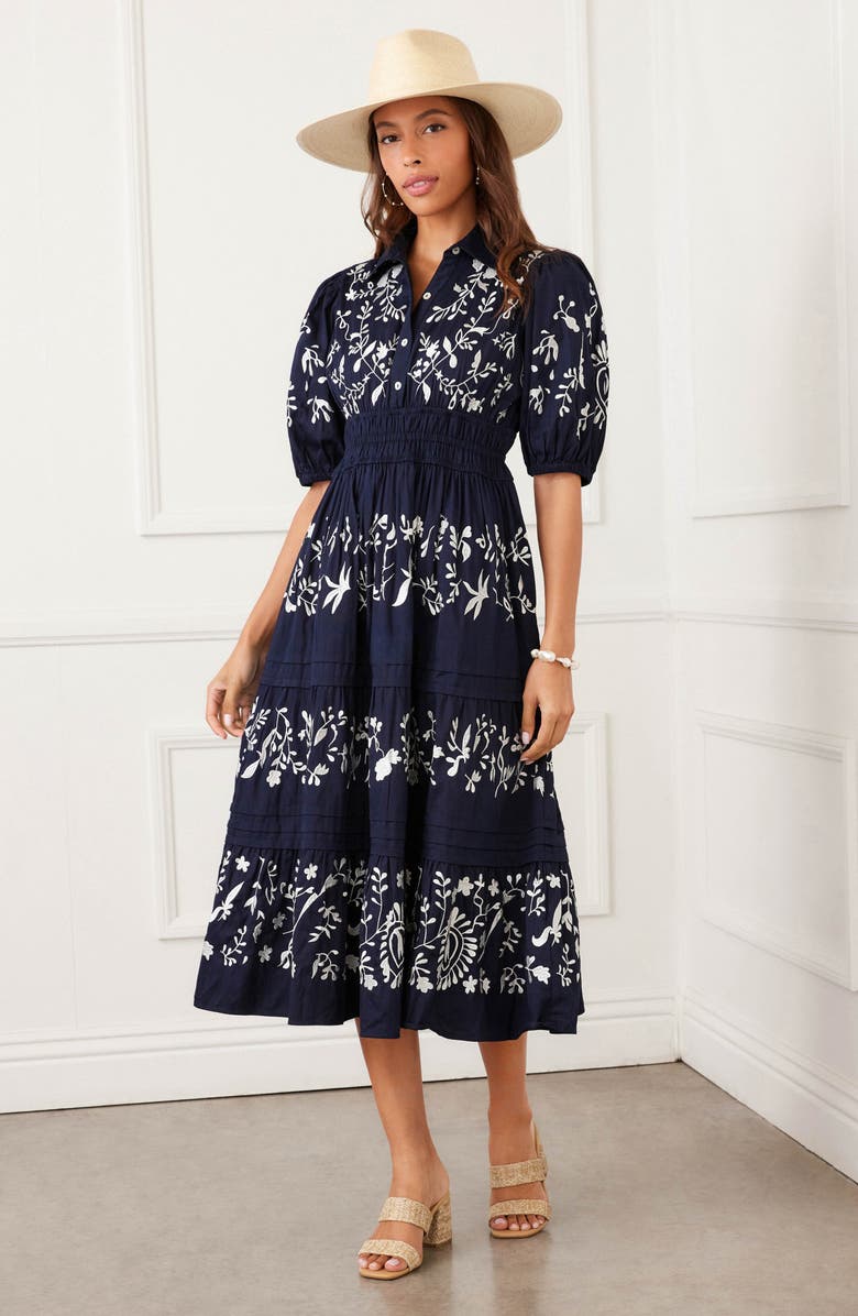 Karen Kane Embroidered Puff Sleeve Tiered Midi Dress, Alternate, color, Navy