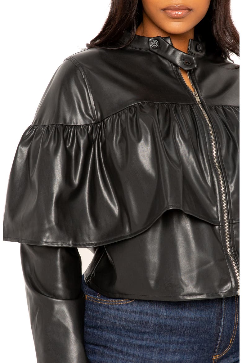 Ruffle Crop Faux Leather Jacket, Alternate, color, BLACK