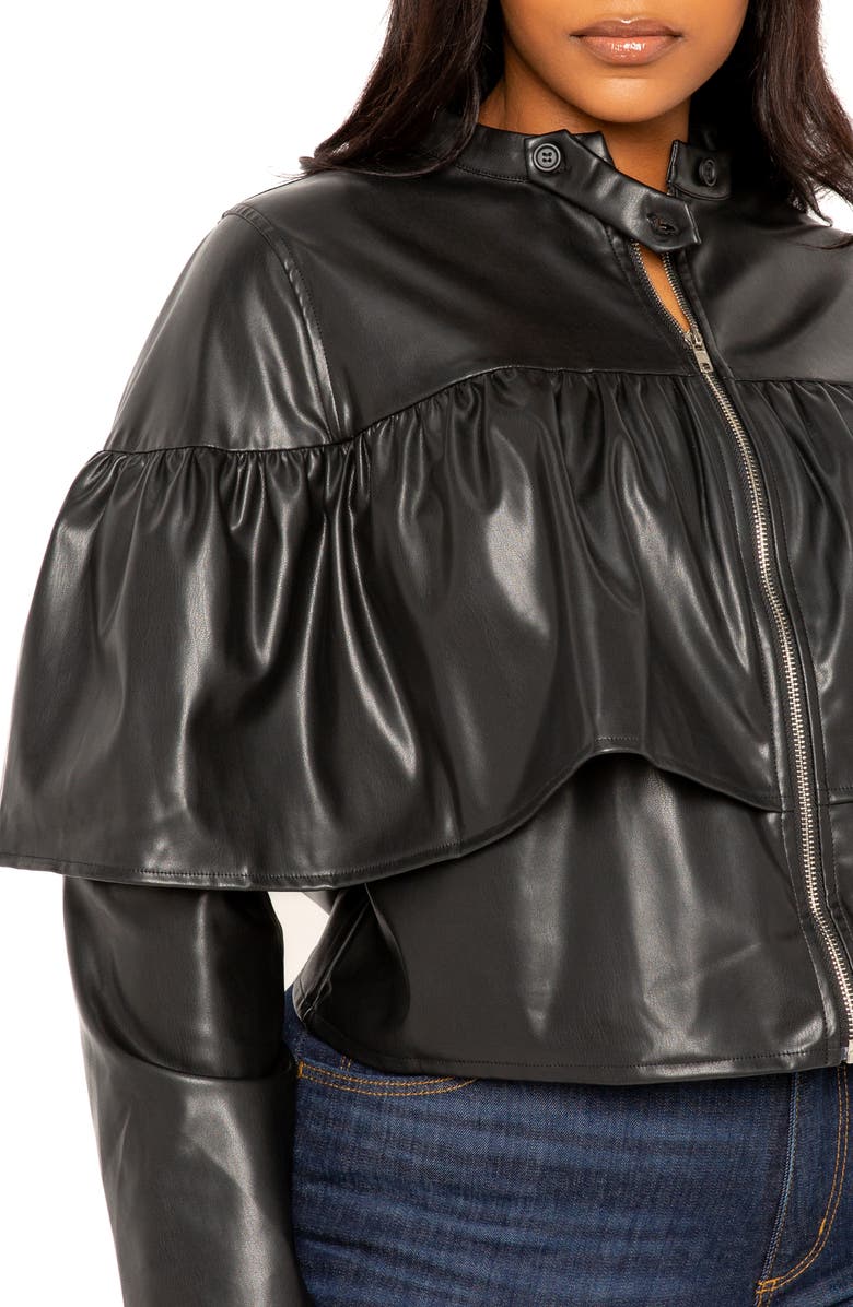 BUXOM COUTURE Ruffle Crop Faux Leather Jacket, Alternate, color,