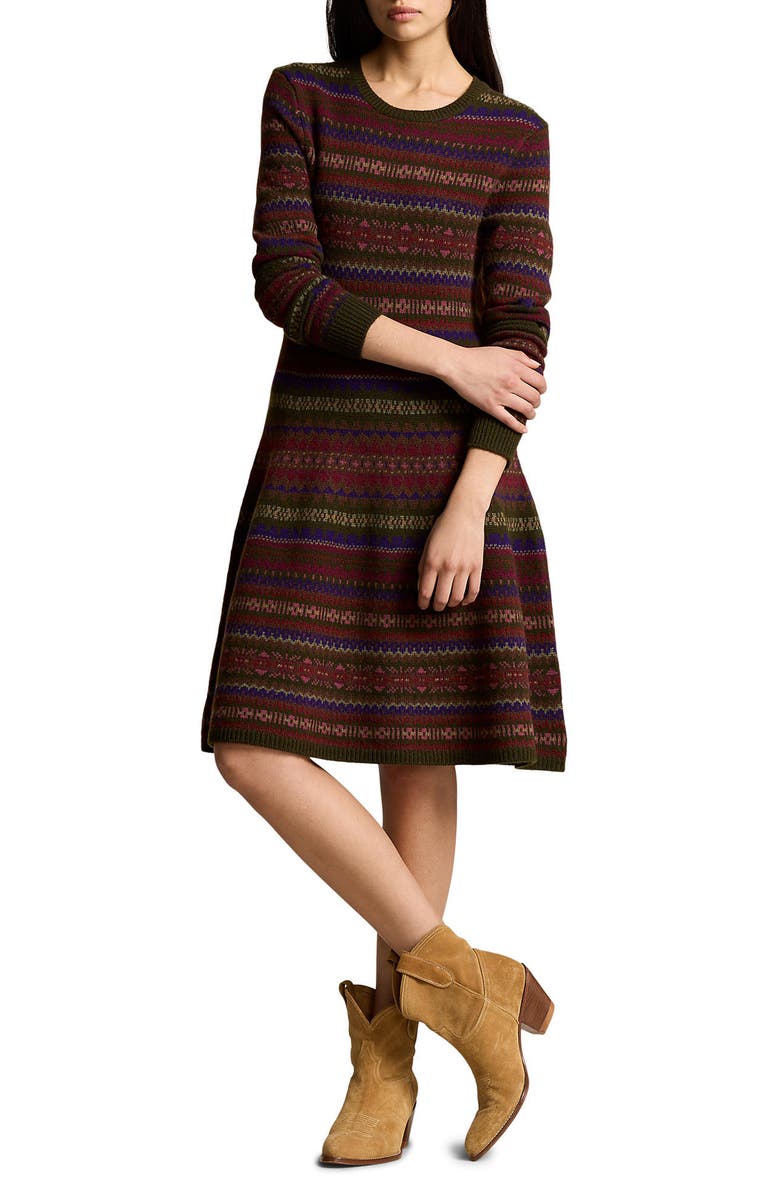 Ralph Lauren Fair Isle Long Sleeve Sweater Dress, Main, color, Olive Multi