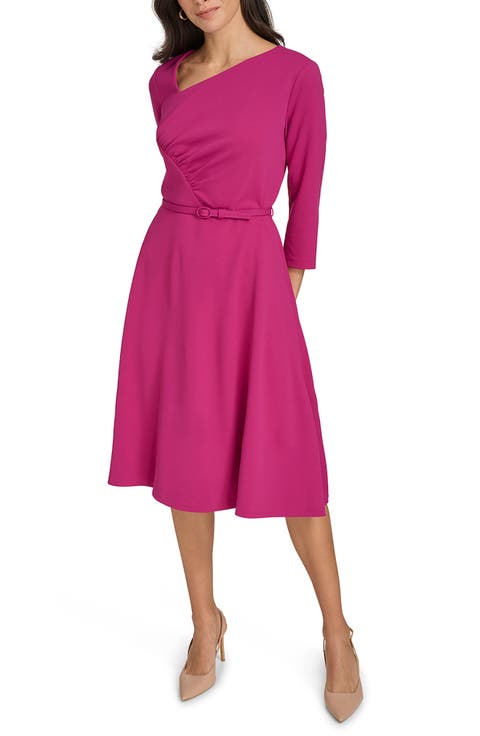 Asymmetric Neck Belted Fit & Flare Midi Dress