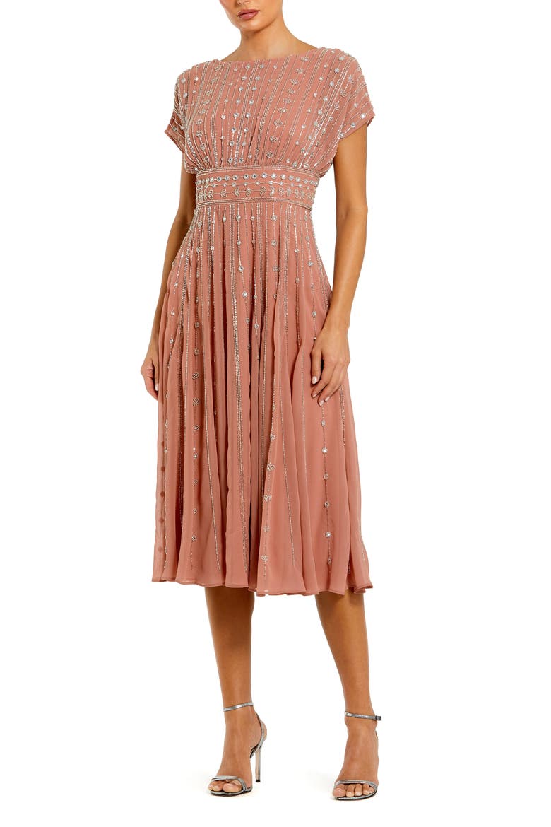 Embellished Beaded Georgette Blouson A-Line Midi Dress, Main, color, Cinnamon