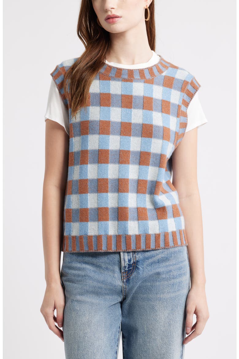 Gingham Check Wool & Cashmere Sweater Vest, Main, color, BLUE- BROWN CHECK