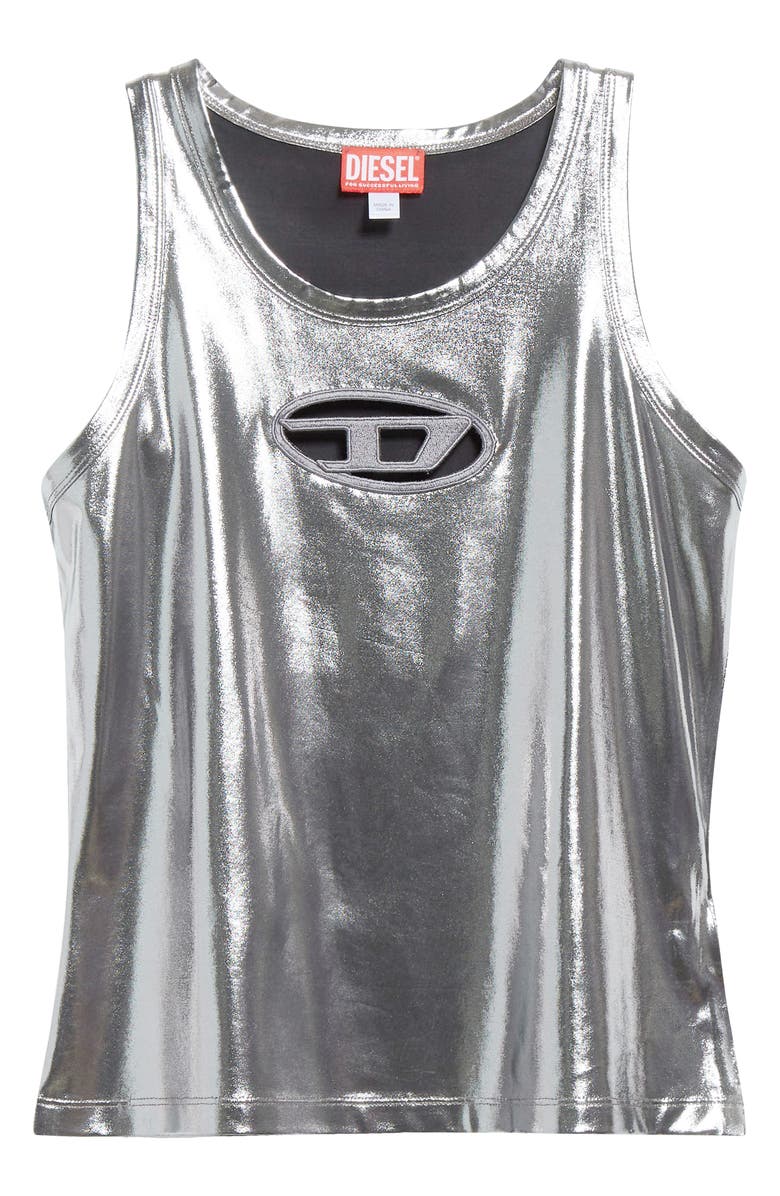 DIESEL<sup>®</sup> T-Lynys Logo Cutout Foiled Jersey Tank, Alternate, color, Deep Silver/ Black