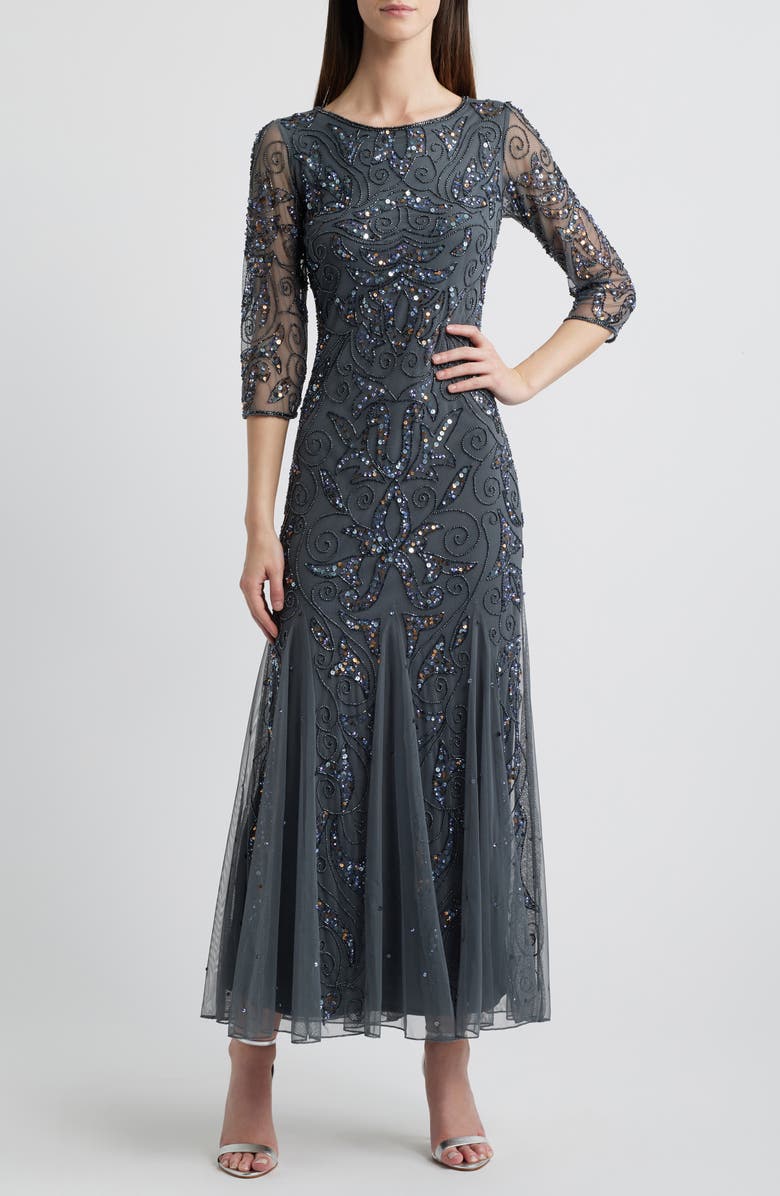 Pisarro Nights Illusion Sleeve Beaded A-Line Gown, Main, color, Jbs Smoke