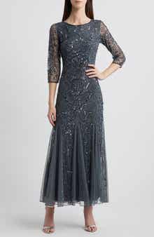 Pisarro Nights Illusion Sleeve Beaded A-Line Gown