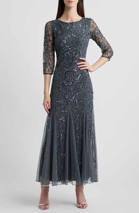 Illusion Sleeve Beaded A-Line Gown
