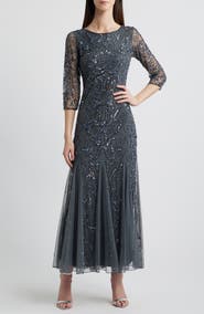 Pisarro Nights Illusion Sleeve Beaded A-Line Gown