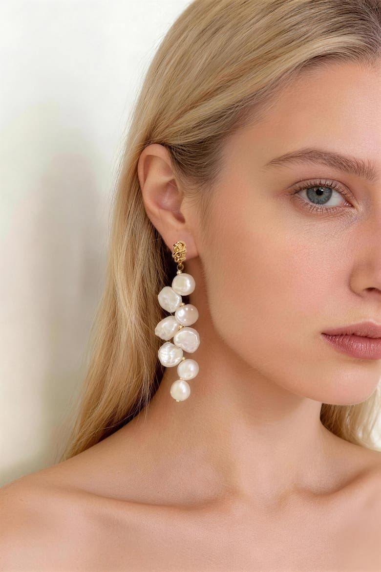 Gemma Petal Pearl Drop Earrings, Alternate, color, Gold