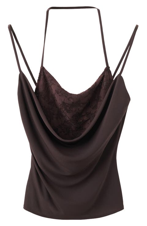 Embroidered Cowl Neck Halter Top