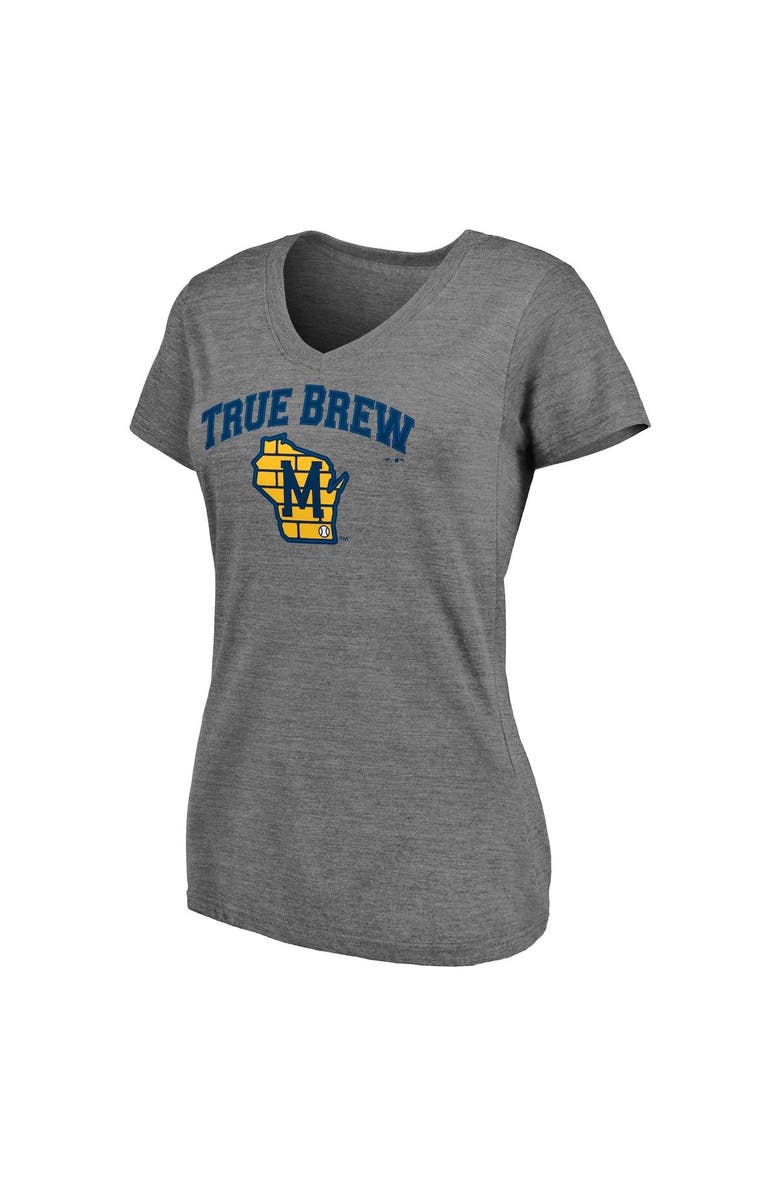FANATICS Women's Fanatics Branded Heathered Gray Milwaukee Brewers Hometown True Brew Tri-Blend V-Neck T-Shirt, Alternate, color, 