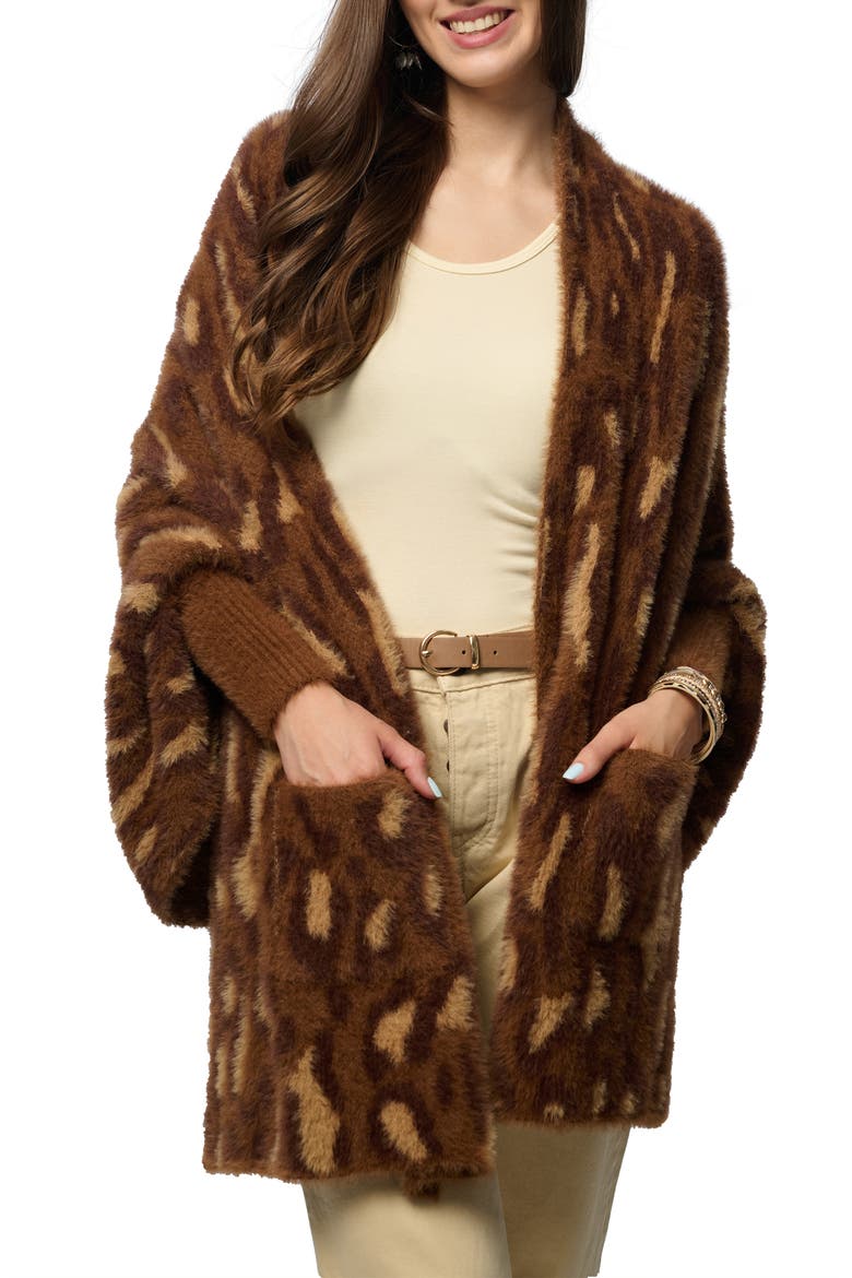 Leopard Knit Wrap Cardigan, Main, color, BROWN