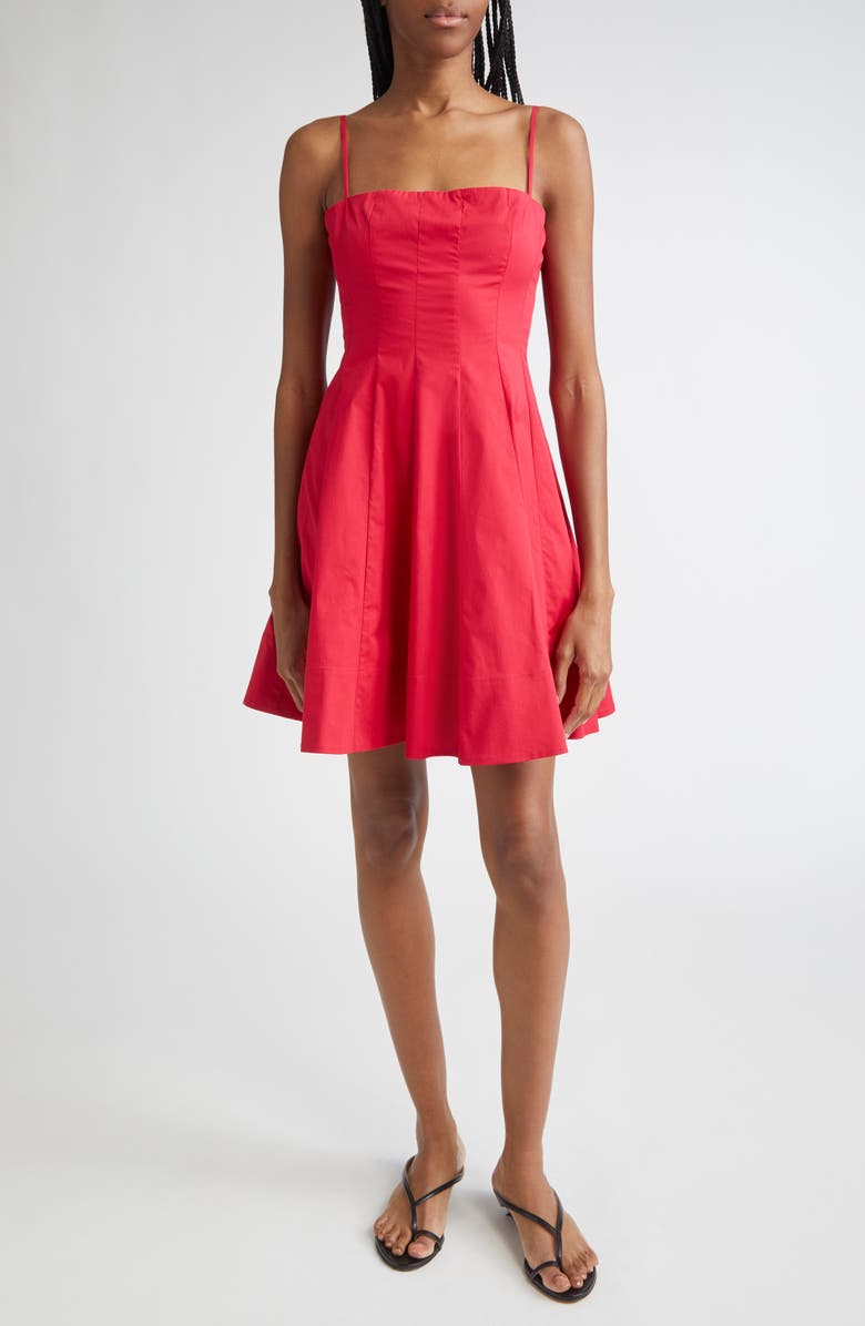 STAUD Wylie Pleated Stretch Cotton Mini Sundress, Main, color, Cherry