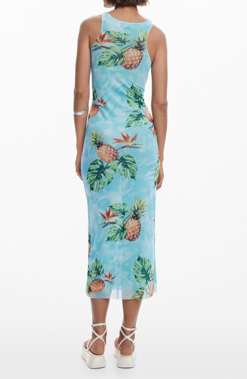 Desigual Tropical Print Knot Detail Midi Cover-up Dress In Light Turquoise