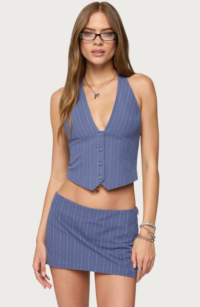 EDIKTED Frankey Pinstripe Halter Vest, Alternate, color, Blue