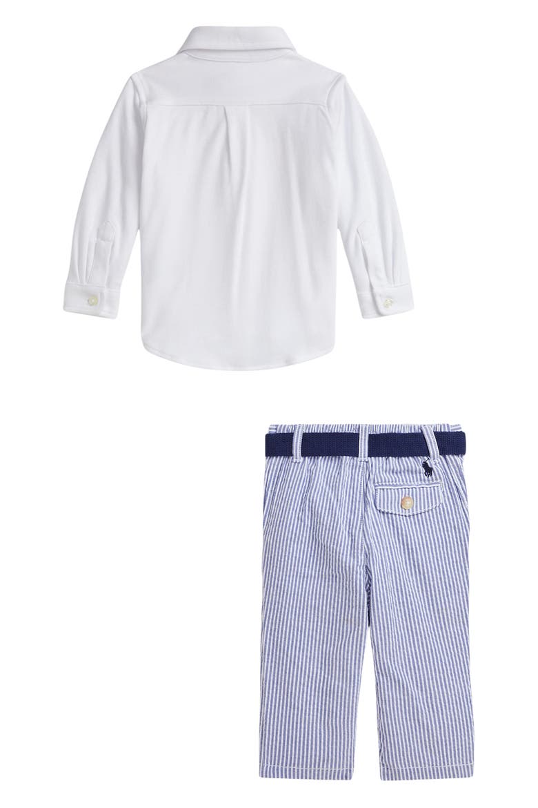 Cotton Button-Up Shirt, Stripe Pants & Belt Set, Alternate, color, WHITE