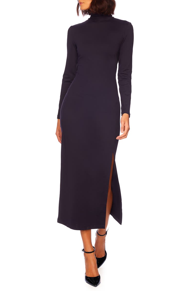 Long Sleeve Turtleneck Slit Midi Dress, Main, color, MIDNIGHT