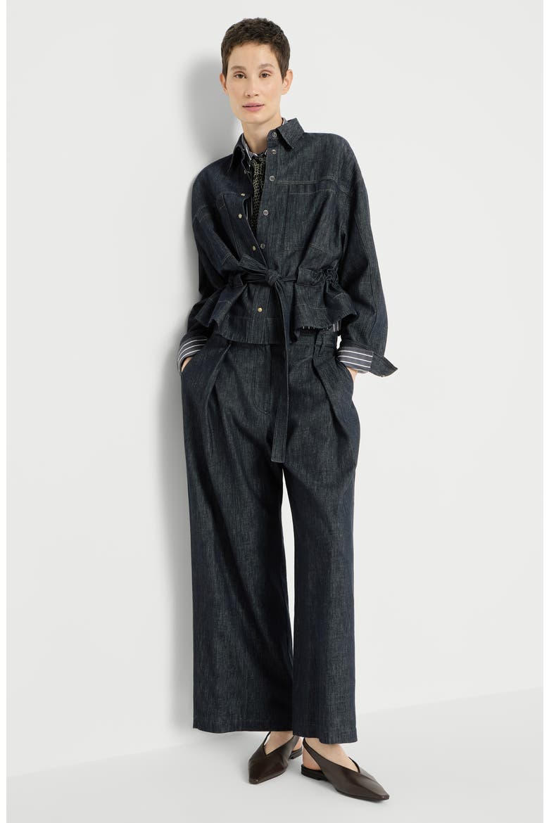 Denim-effect twill pleated A-line trousers with shiny loop, Alternate, color, Denim