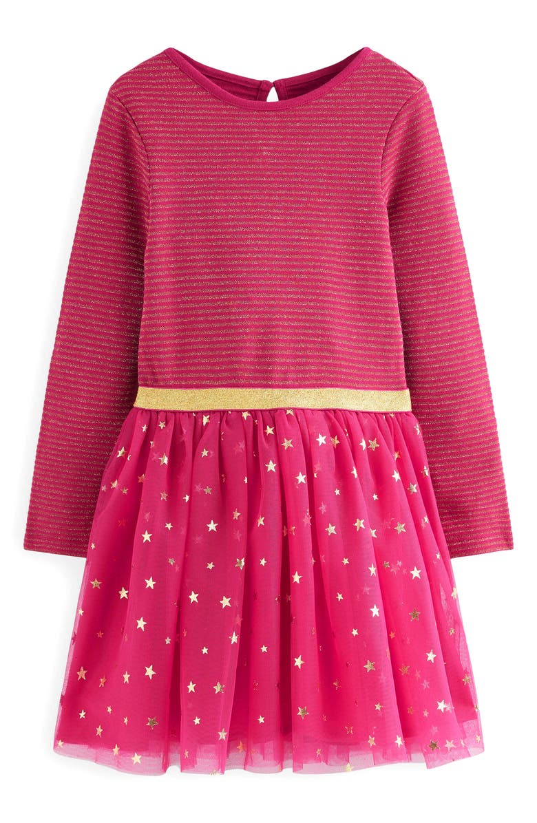 Mini Boden Kids' Twirly Metallic Dress, Main, color, Cherry Jam/ Gold Confetti