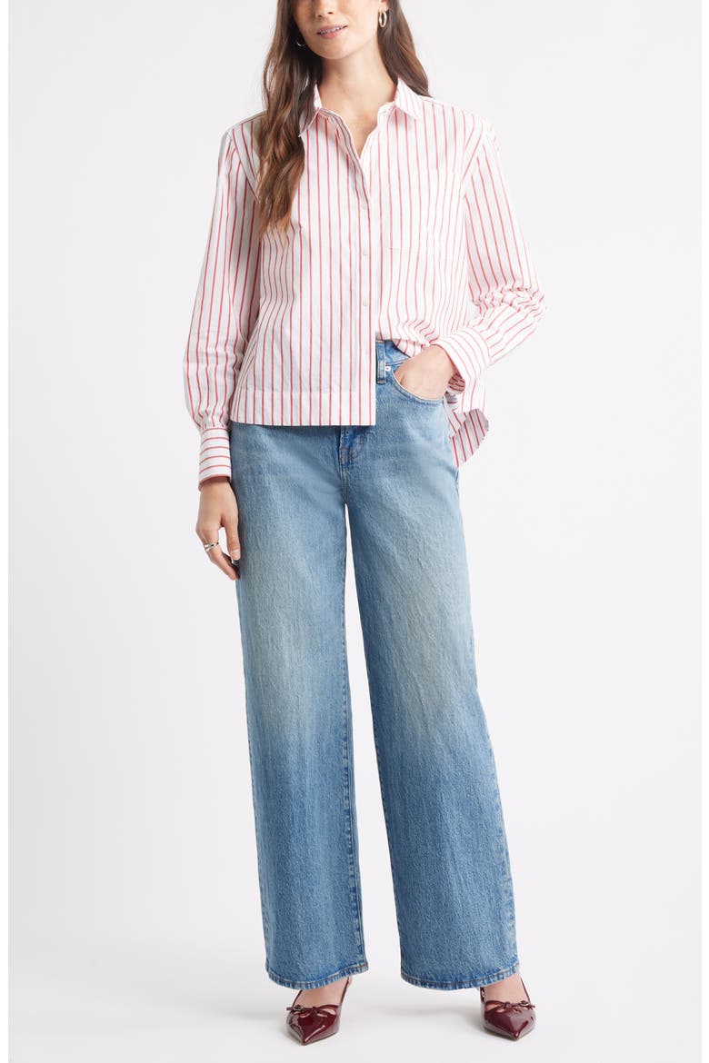 Long Sleeve Drop Hem Button-Up Shirt, Alternate, color, WHITE- RED CARLEY STRIPE